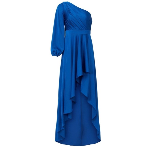 MAC DUGGAL One Shoulder Long Sleeve Cobalt Pleated Satin High Low Formal Gown 8 - Picture 8 of 10